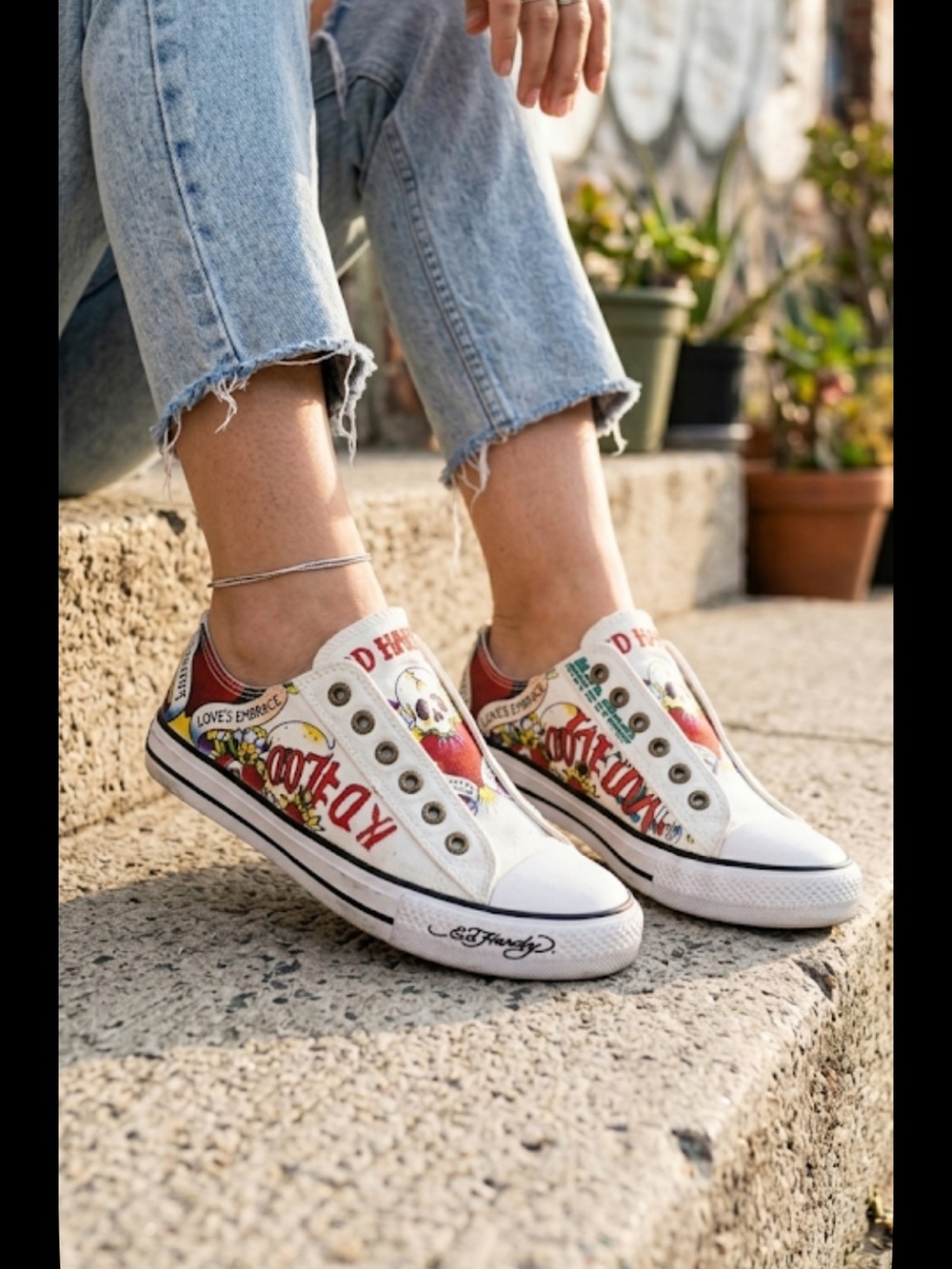 Vintage Ed Hardy Skull Tattoo Print Canvas Sneakers Y2K Grunge Streetwear Size 6